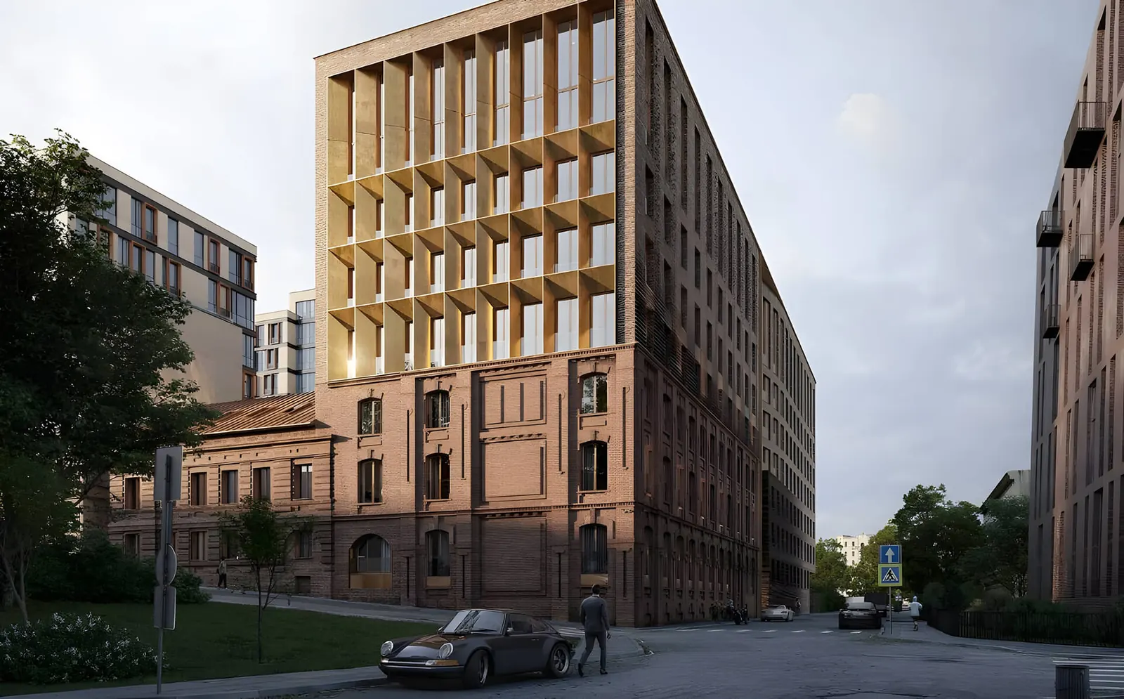 Tessinsky 1, the new building beside the historic brick house