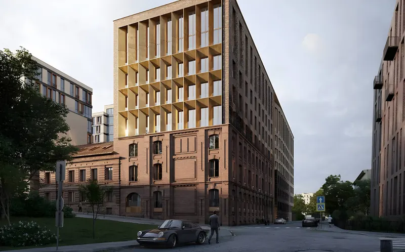 Tessinsky 1, the new building beside the historic brick house